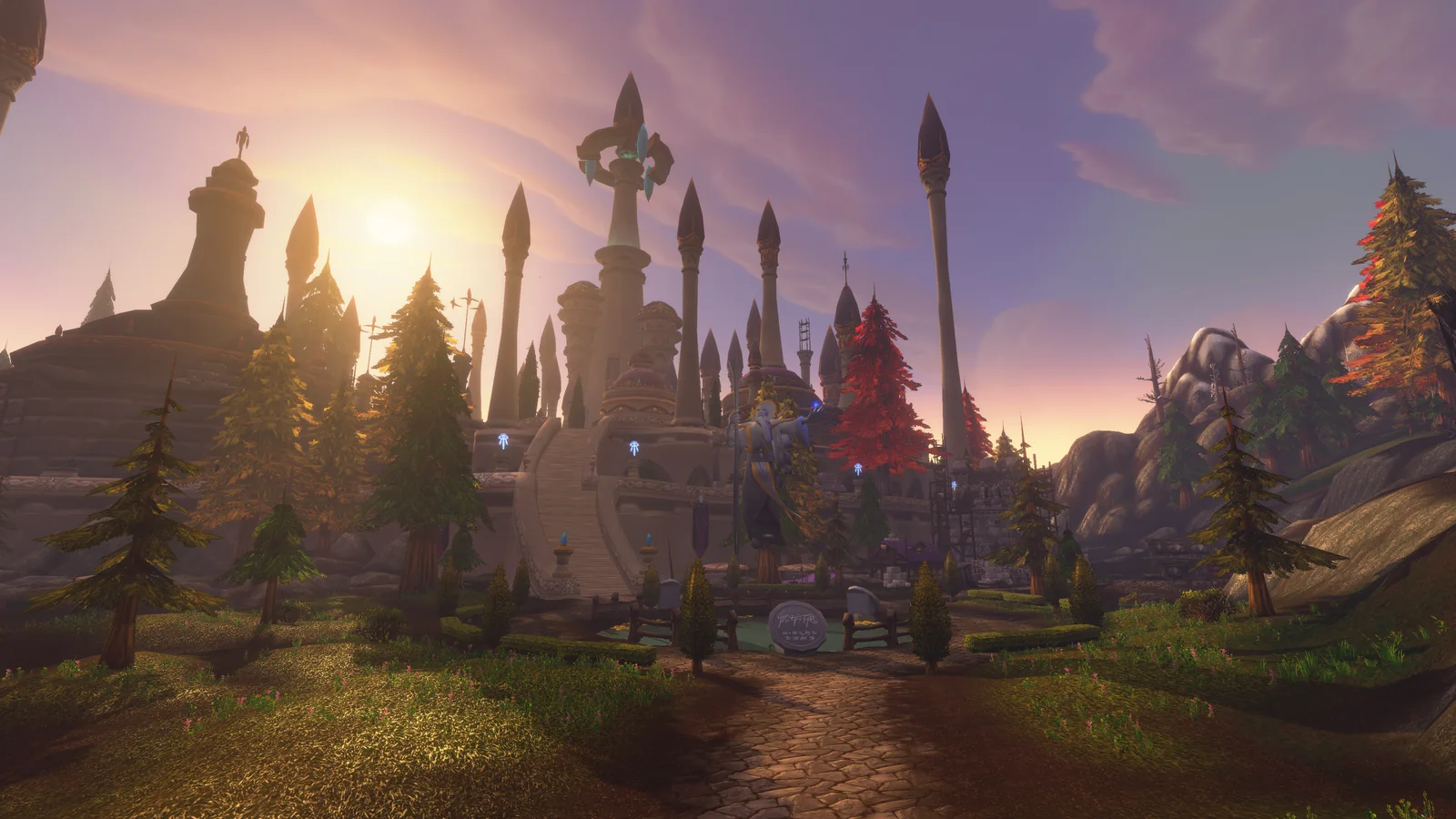 Die Stadt Dalaran von außen, ohne ihre Kuppel, bei Sonnenuntergang