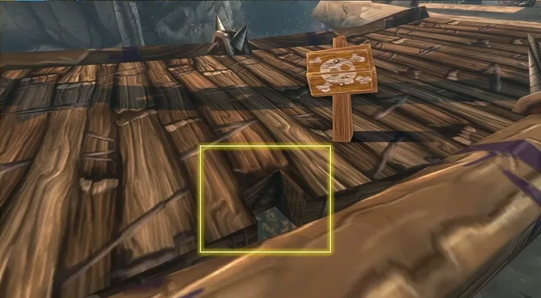 Das Loch in der Brücke, gelb umrahmt, bei einem Test. Bild: Blizzard auf der PAX Australia.