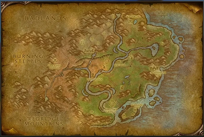 Die Flusslande auf der Karte im Spiel, mit dem Ödland, der Brennenden Steppe und dem Rotkammgebirge ringsum. Bild: Blizzard auf der PAX Australia.