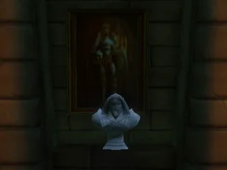 Le buste du guerrier dans sa niche, sous son tableau.