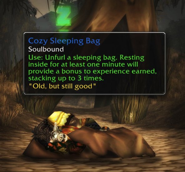 Ein Spieler schläft im Gemütlichen Schlafsack, darüber der Tooltip des Schlafsacks.