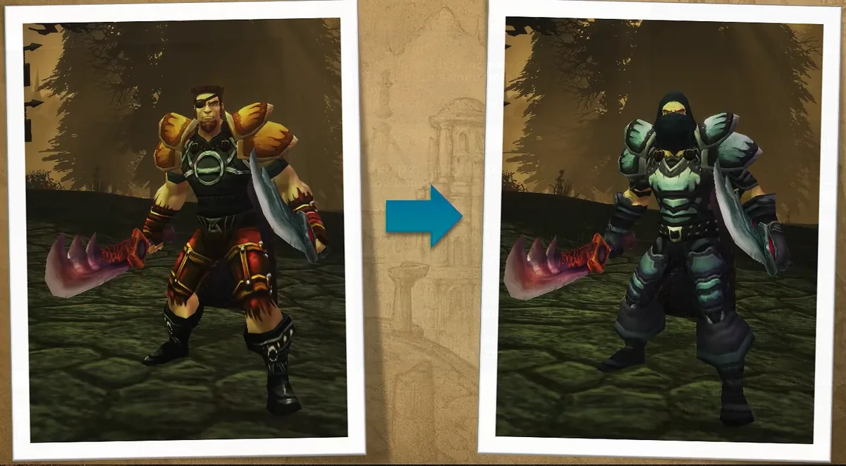Blizzard的BlizzCon讲座幻灯片上,一名战士幻化前后的样子